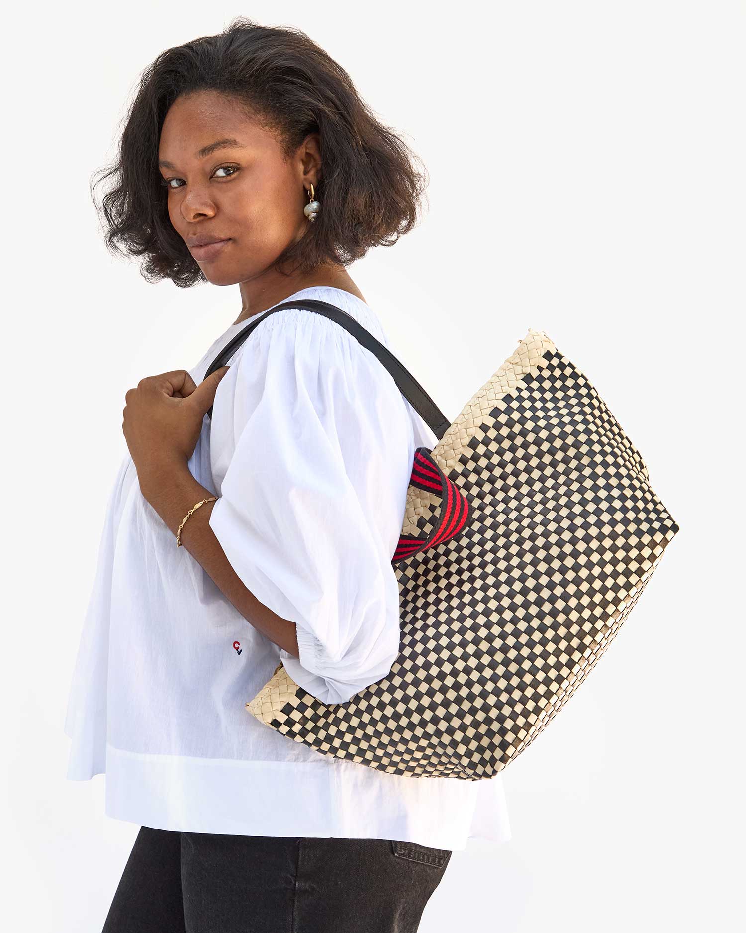 Bateau Tote - Cream & Black Border Woven Checker