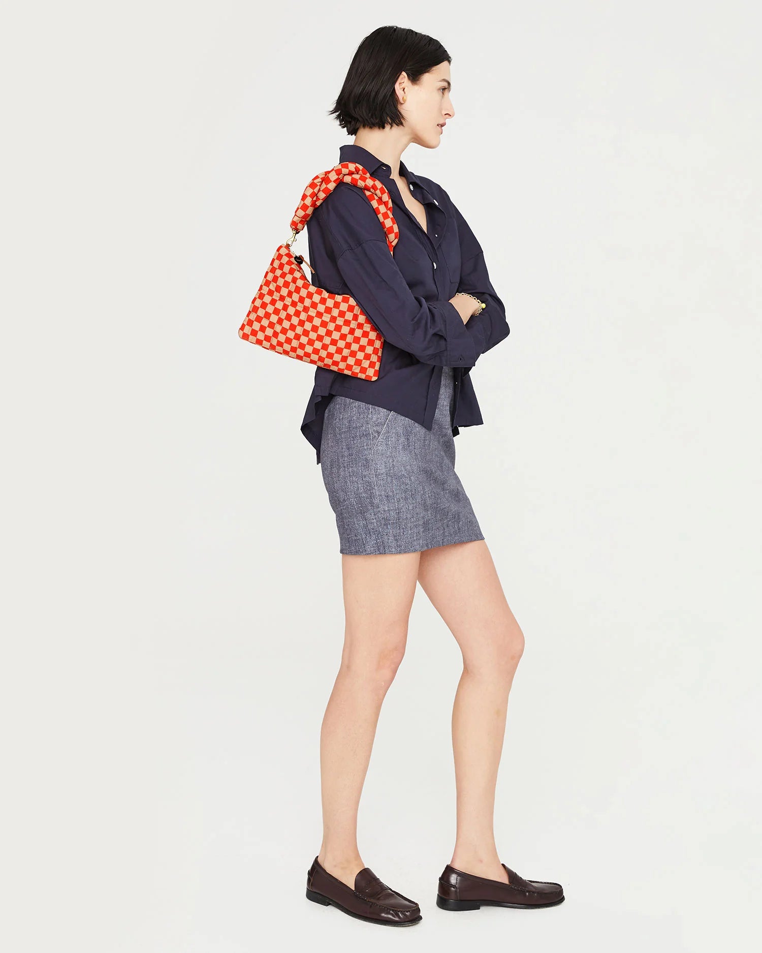 Twisted Puff Top Handle - POPPY & KHAKI QUILTED CHECKER