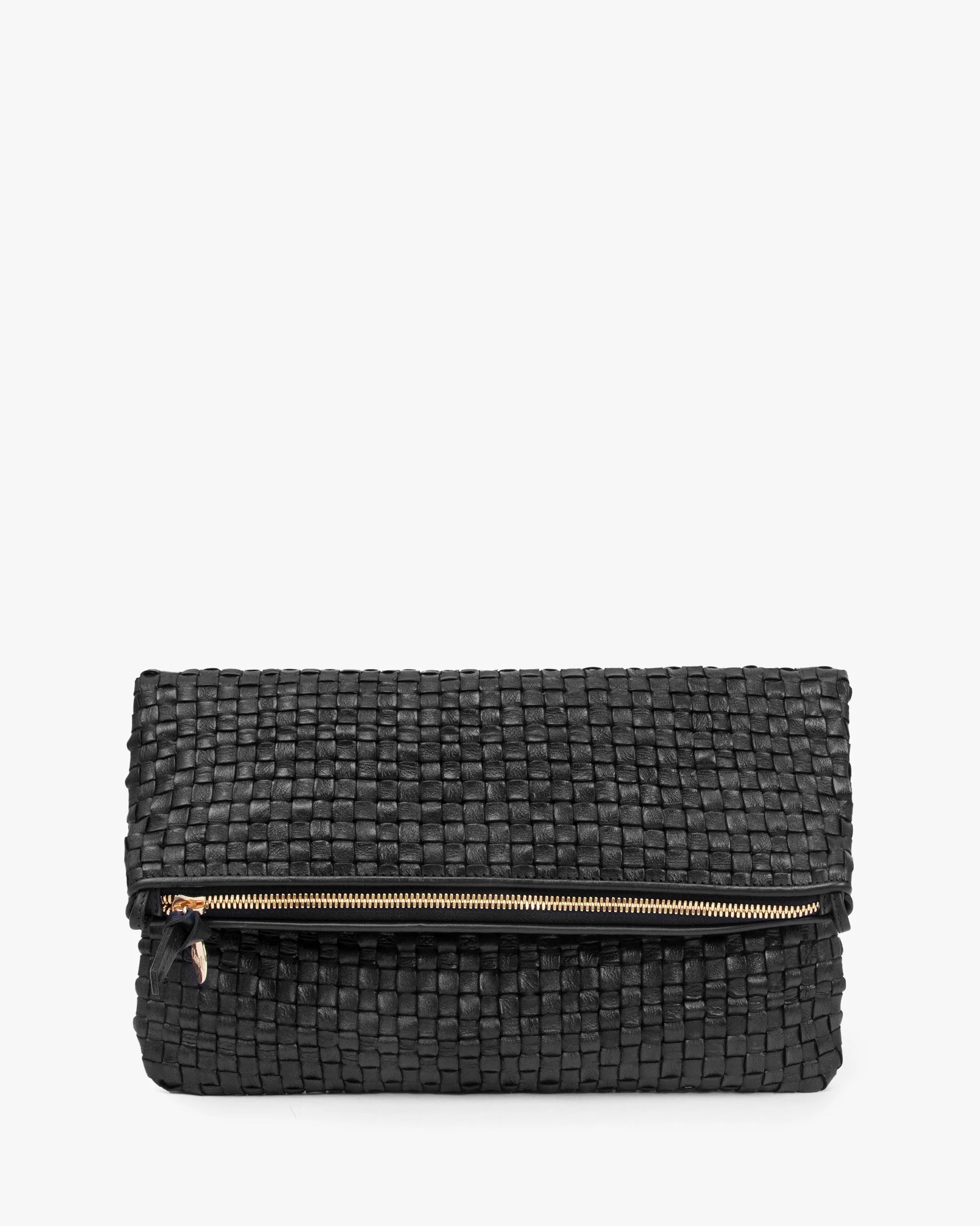 Foldover Clutch with Tabs - Black Woven Checker