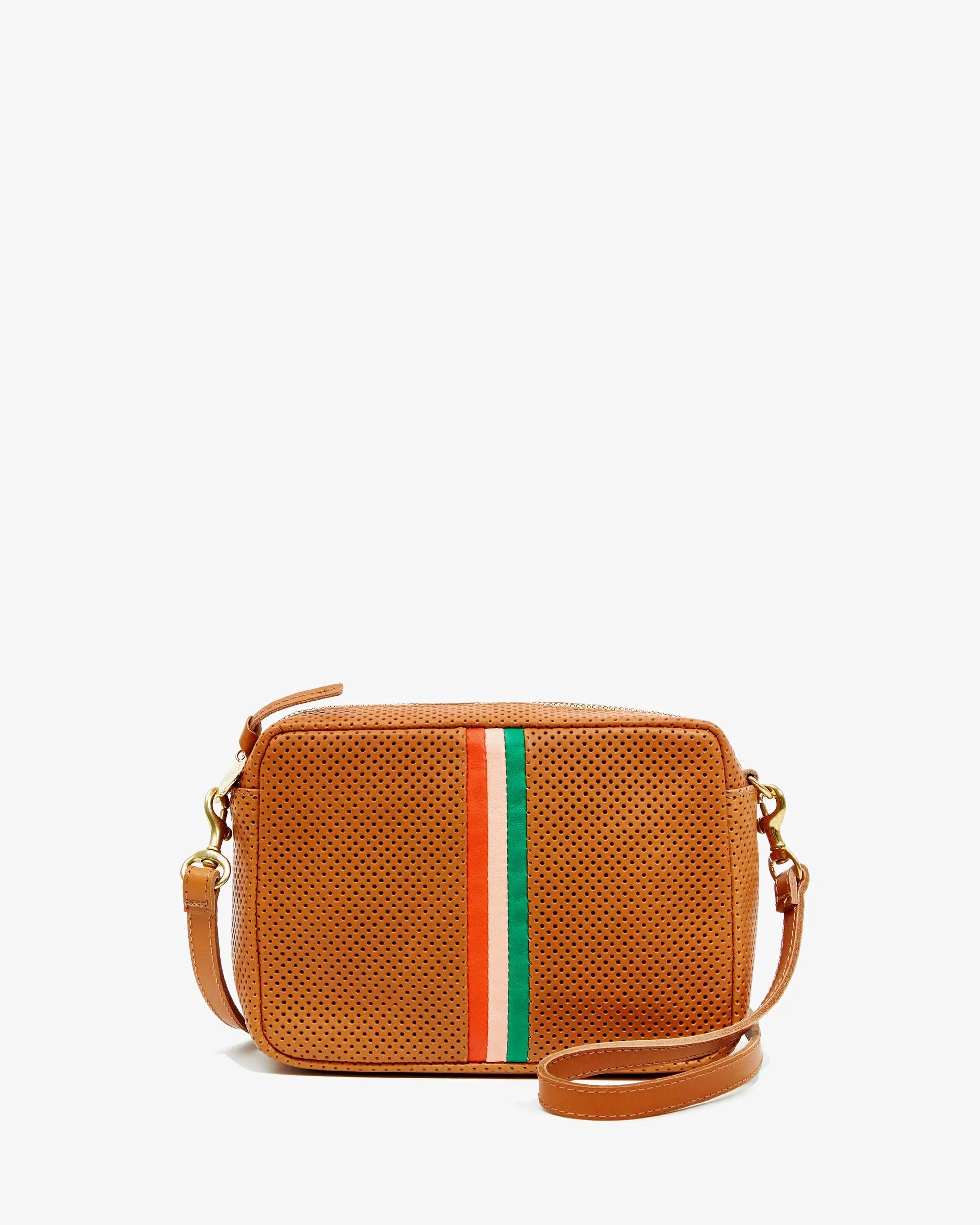 Midi Sac - Cuoio Perforated - Poppy, Blush and Emerald Inlay Stripes