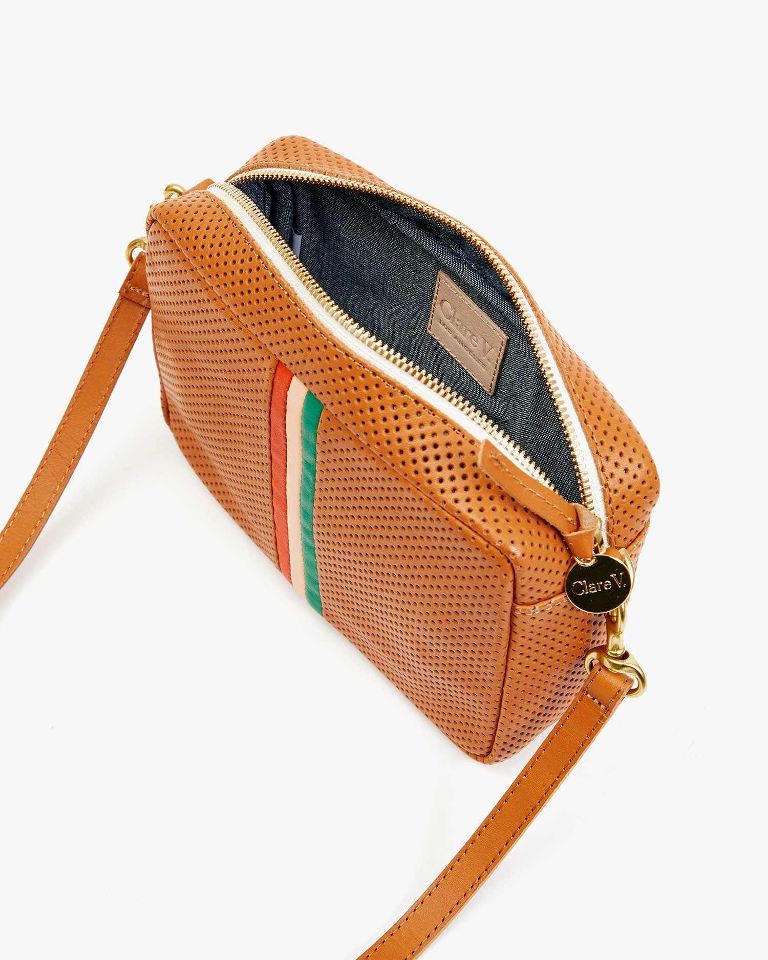 Midi Sac - Cuoio Perforated - Poppy, Blush and Emerald Inlay Stripes